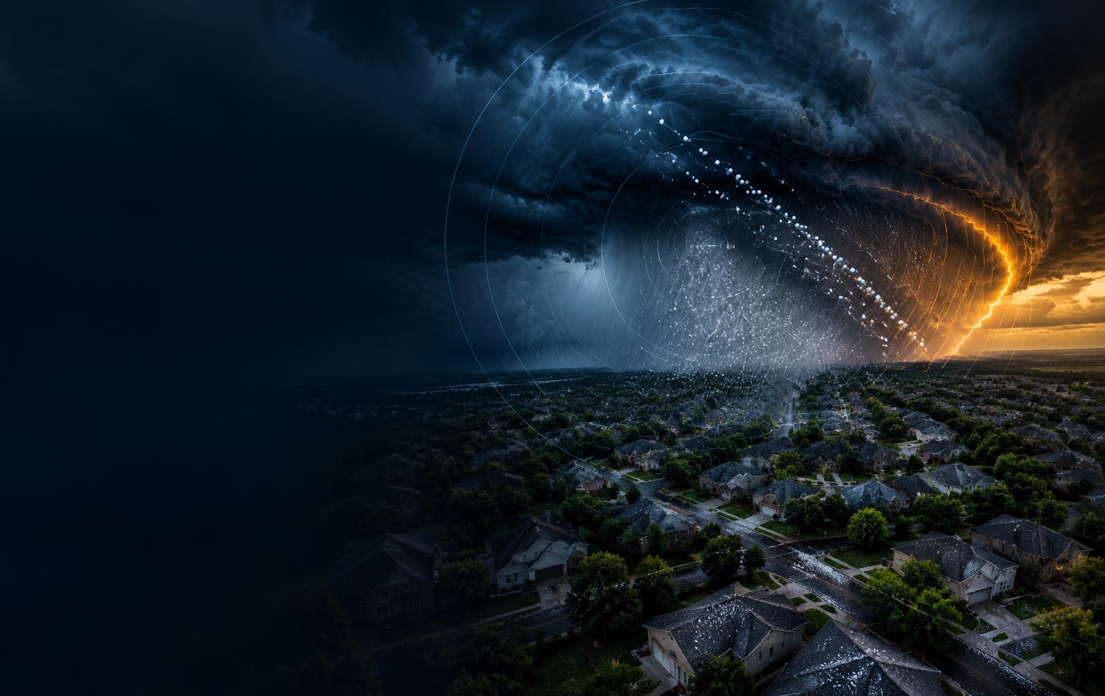 Hailstorm crossing a neighborhood of American homes